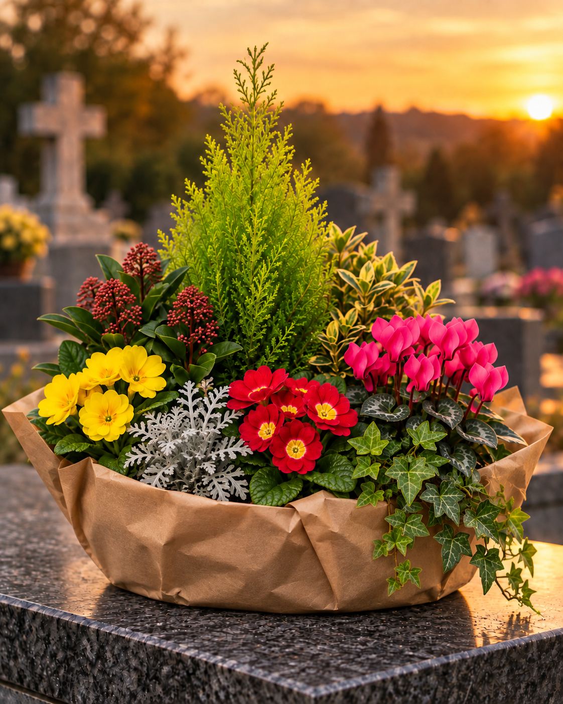 Coupe de plantes fleuries pour cimetière
